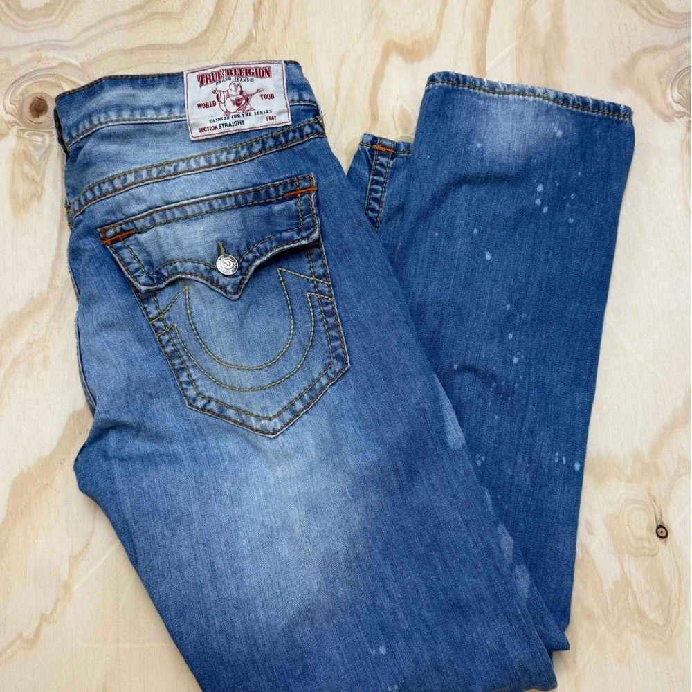 True Religion Mens 40 Straight Flap Big T Blue Paint Splatter Jeans 31200-00